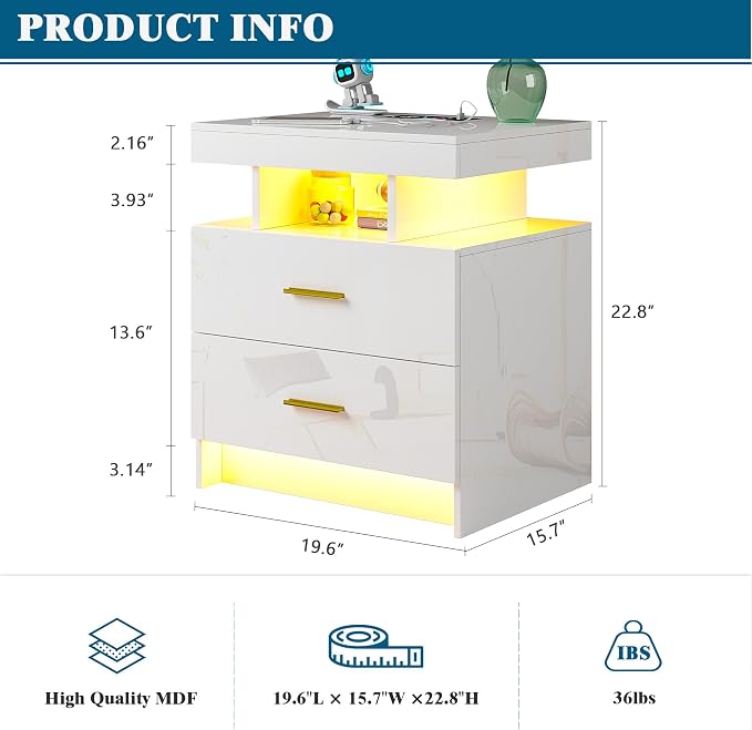 WOOVIVS Night Stand Set 2 with USB/Type-C/Wireless Charging Station, Modern - Image 3