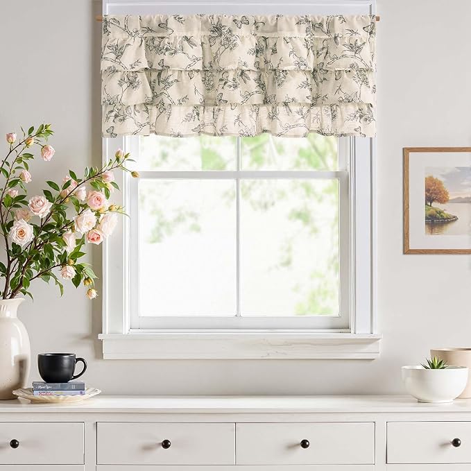 jinchan Ruffled Valance Curtain Linen Floral Kitchen Valance 18 Inch Shabby - Image 3