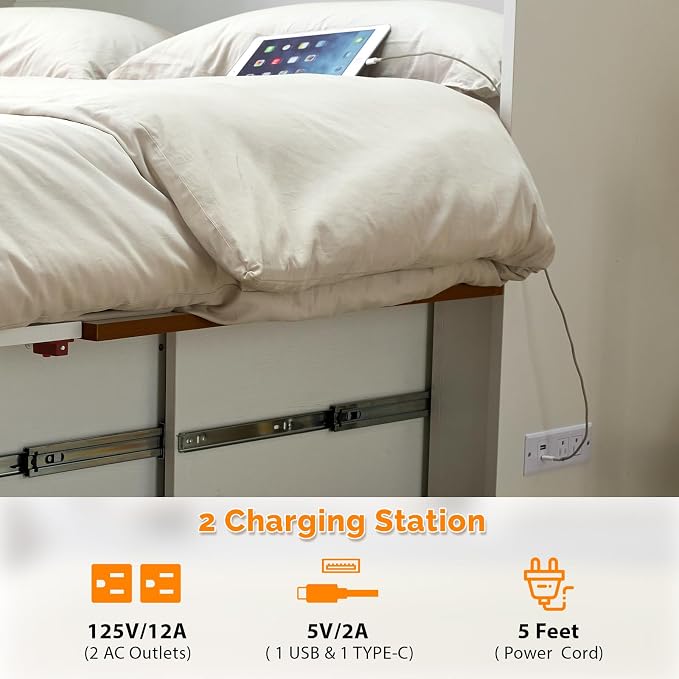 VINGLI Queen Murphy Bed with Storage Drawer, 2 Charging Station, Rustic & - Image 5