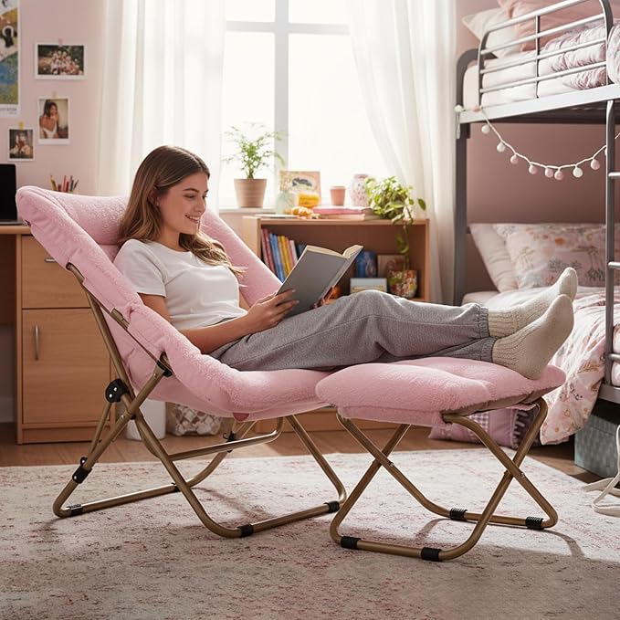 Tiita Folded Chair with Straight Ottoman, Soft Faux Fur Oversized Folding - Image 2
