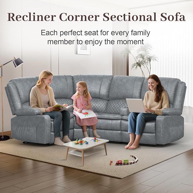 Yolsali Manual Reclining Sectional Sofa Set, 4 Seats Soft Leather Recliner - Image 3