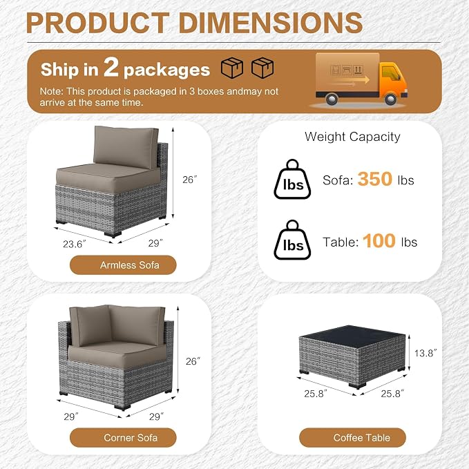 MOCHITO 5 Pieces Outdoor Patio Furniture Sets, All-Weather Sectional Sofa Grey - Image 5