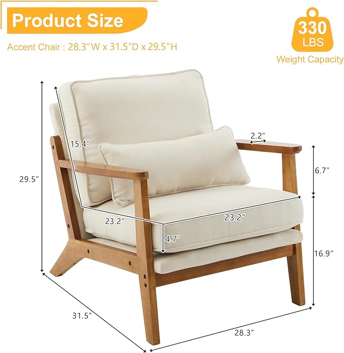 Karl home Accent Chair Wide Armrest Mid-Century Lounge Chair Linen Fabric - Image 2