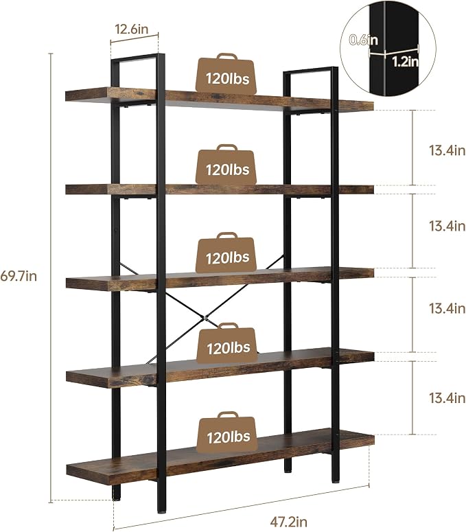 OtterOasis Heavy Duty 5-Tier Industrial Bookcase, 120lbs Shelf Capacity - Image 2