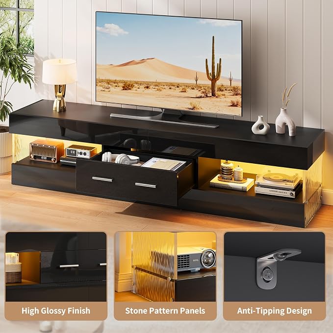 Bestier 67" Modern TV Stand for TVs 55 to 75 Inch, High Gloss LED Entertainment - Image 4