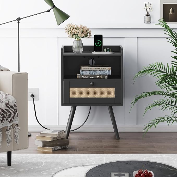 SUPERJARE Nightstand with Charging Station & Rattan-Like Decor Drawer, Rattan - Image 2