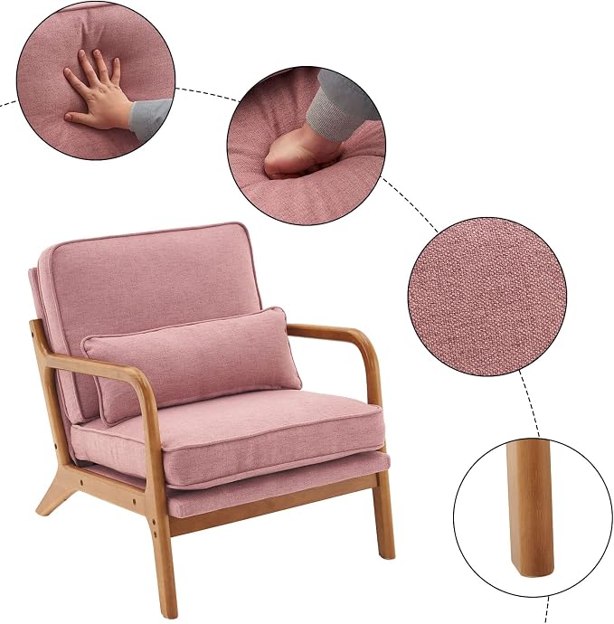 VINGLI Linen Pink Comfy Accent Chair, Mid Century Modern Lounge Armchair - Image 3