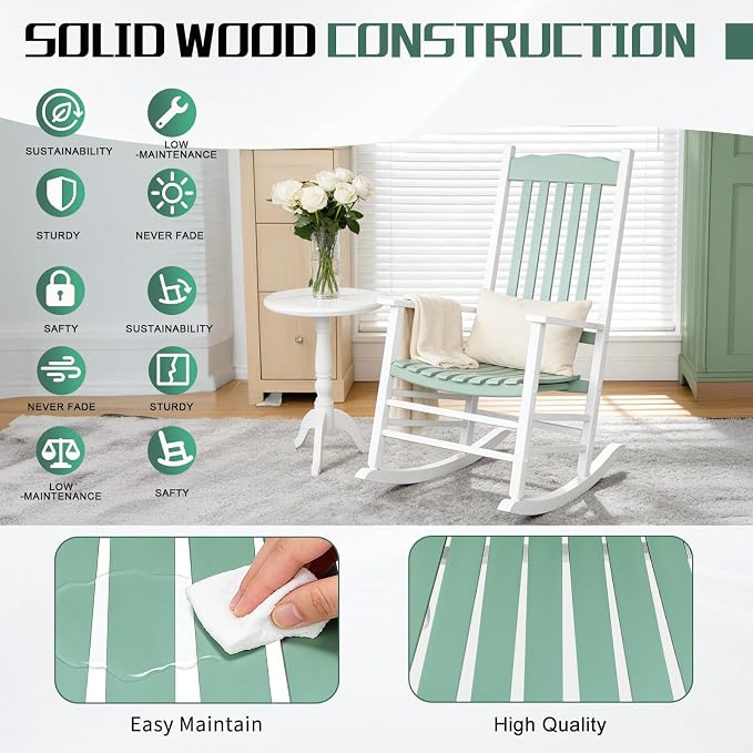 Outvita Outdoor Rocking Chair, Solid Wood High Back Rocker, All Weather Lounge - Image 6