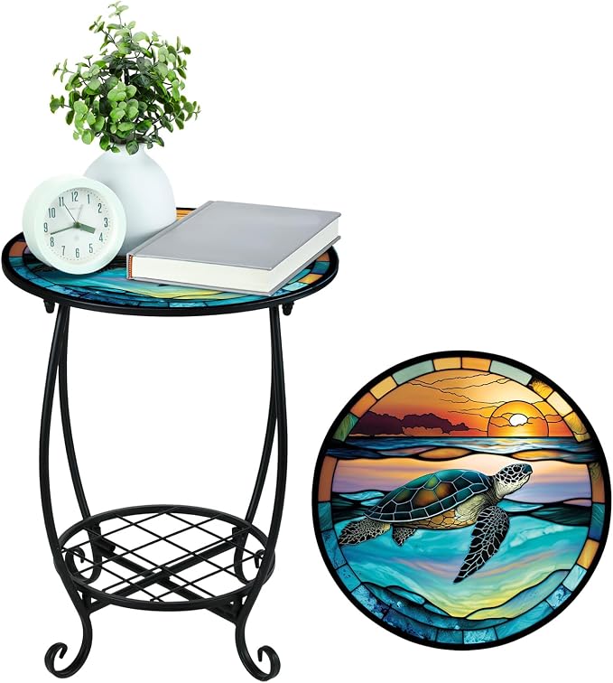 Cinnvoice Outdoor Side Table Round Small Mosaic Patio Accent Indoor End Plant - Image 6