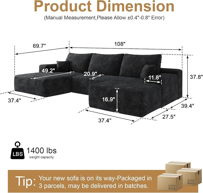 108" Sectional Couches for Living Room Cloud Couch Sofa - Image 2