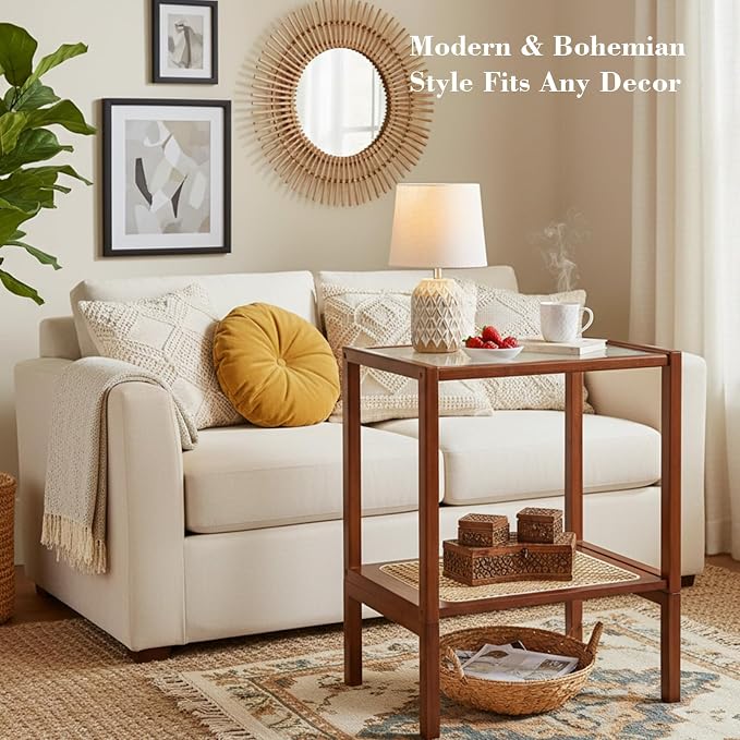 Tiita Rattan Side Table, Mid Century Nightstand, 2-Tier Bamboo Accent Bedside - Image 3