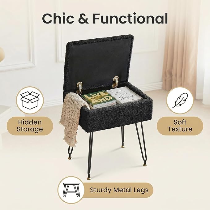 Vanity Stool Chair, Faux Teddy Fur Ottoman Foot Stool - Image 5