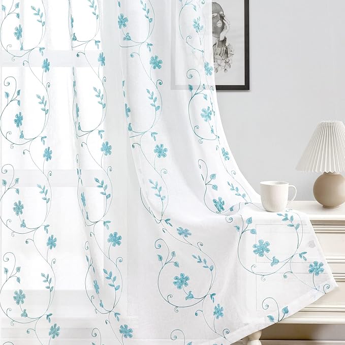 HOMEIDEAS White and Blue Embroidered Floral Sheer Curtains 84 Inches Long 2 - Image 4