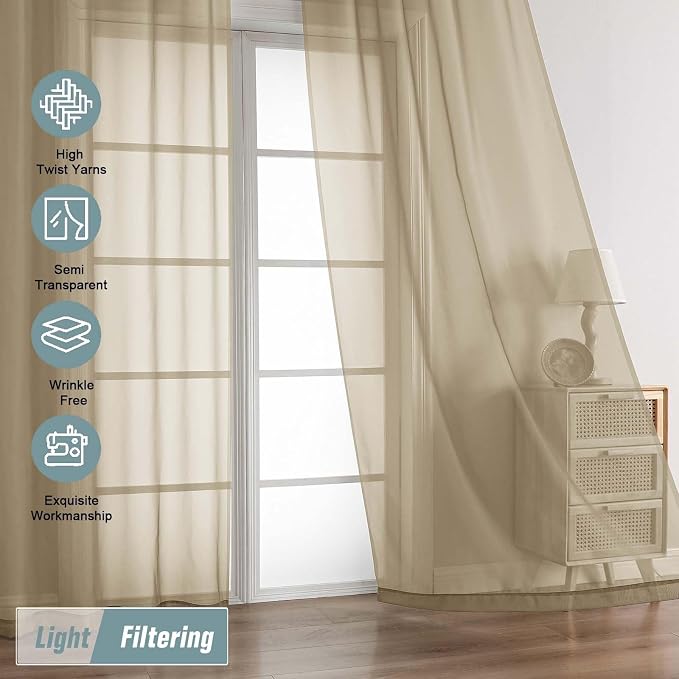 Taupe Sheer Curtains 63 Inch Length 2 Panels, Voile Sheer Curtain - Image 5
