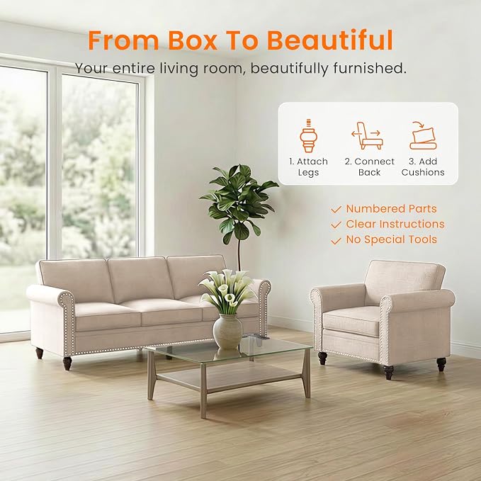 2 Piece Living Room Sofa Sets, Modern 3 Seater Sofa and Armchair Sets, Linen - Image 6