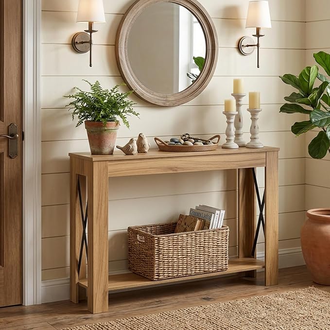 YATINEY Farmhouse Console Table, 39.4'' Small Narrow Entryway Table, Wood Couch - Image 6