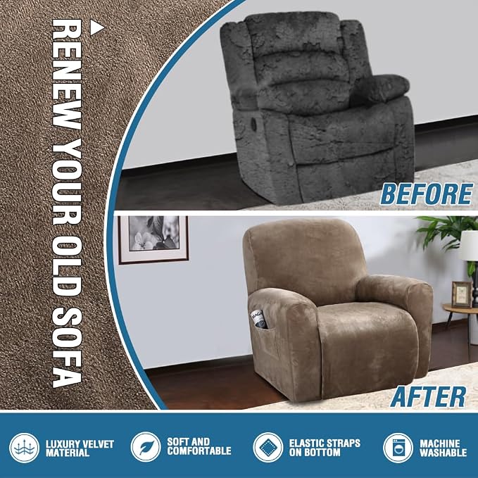 H.VERSAILTEX Velvet Stretch Recliner Couch Covers 4-Pieces Style Recliner Chair - Image 5