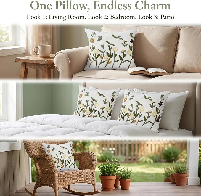 Neutral Floral Embroidered Throw Pillow Covers 20x20 Inch White Daisy Camel - Image 3