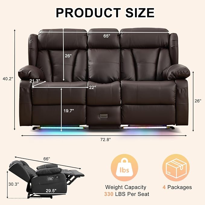 Loveseat Recliner Sofa, RV Recliner Couch, Manual Reclining Loveseat - Image 2