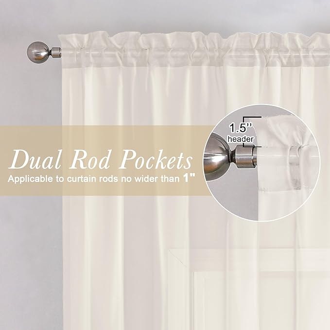 Lecloud Ivory Sheer Curtains 68 Inch Length 2 Pcs, Light Filtering Rod Pockets - Image 3