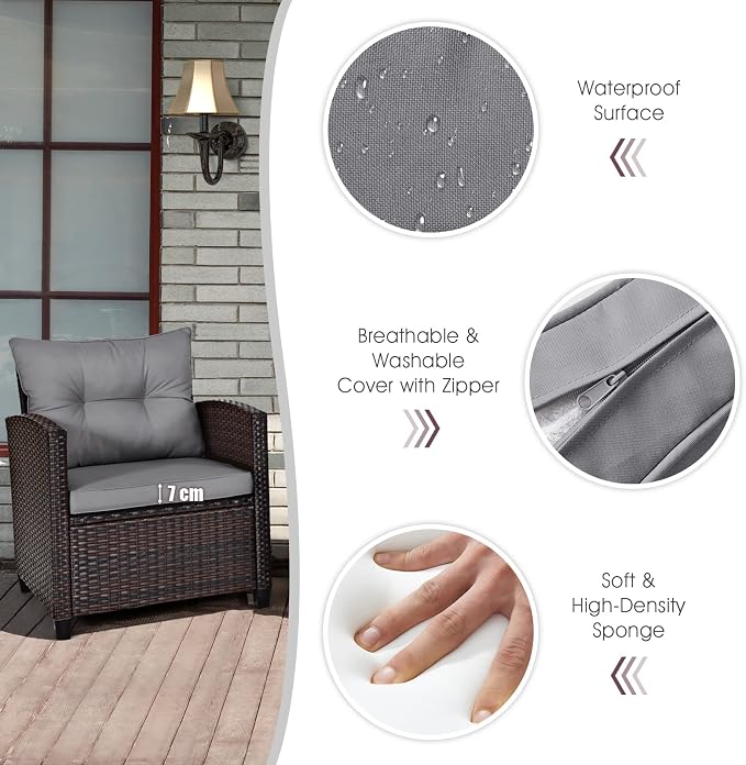 COSTWAY 3PCS Patio Furniture Set, PE Rattan Wicker Sofa w/Washable Cushion and - Image 6