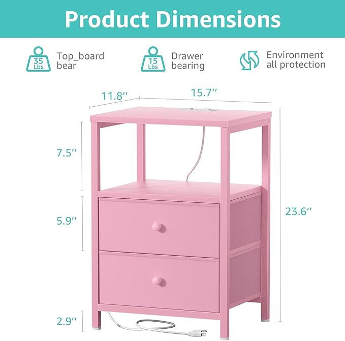 BOLUO Pink Nightstand with Charging Station, LED Night Stand with 2 Fabric - Image 3
