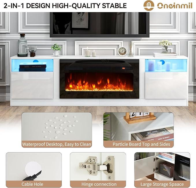 oneinmil 80” TV Stand with 36” Electric Fireplace, Large Modern Media - Image 7