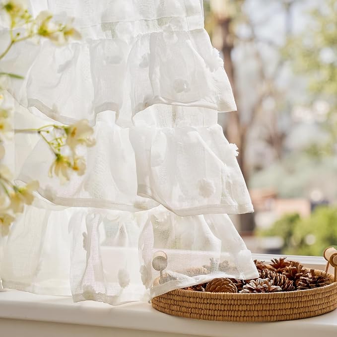 jinchan Ruffled Kitchen Valance Pom-Pom Voile Valance Curtains Sheer Shabby - Image 8