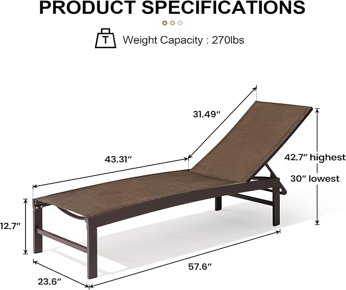 Crestlive Products Lounge Chair Outdoor Set of 2, Aluminum Pool Chaise Lounge - Image 2