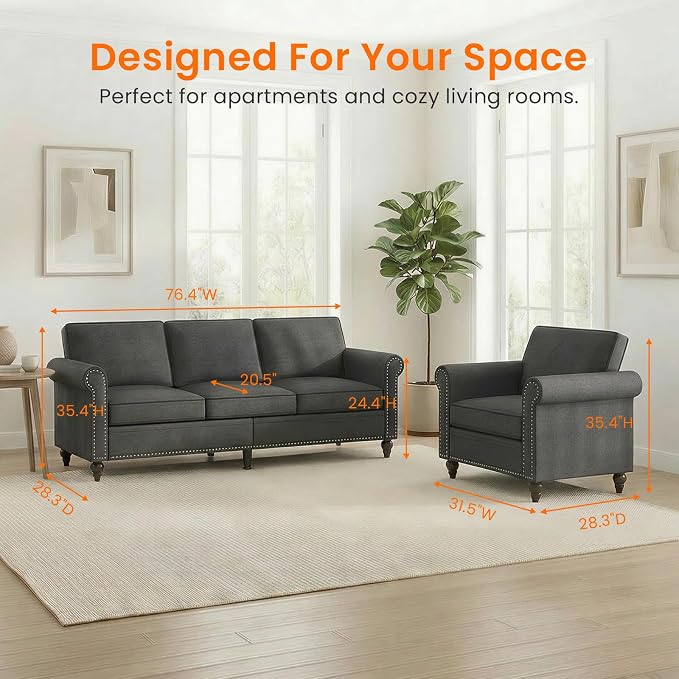 2 Piece Living Room Sofa Sets, Modern 3 Seater Sofa and Armchair Sets, Linen - Image 2