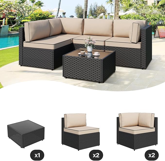 JAMFLY 5-Piece Patio Furniture Set, All-Weather Wicker Outdoor Sectional Sofa - Image 6