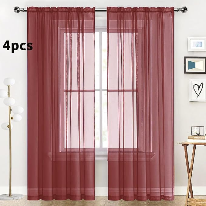 SpaceDresser Burgundy Sheer Curtains 4 Panels Rod Pocket Semi-Sheer Curtain 72 - Image 2