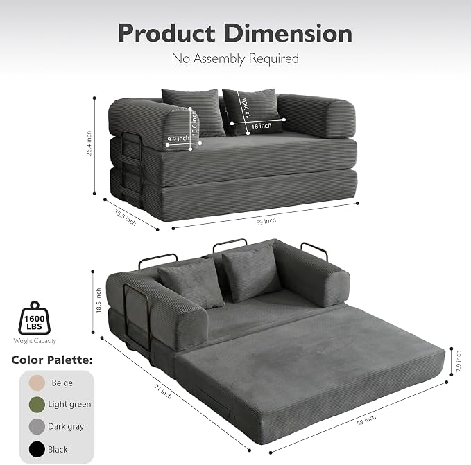59in Convertible Sofa Bed, Corduroy Boneless Couch Bed, Futon Sleeper Sofa Pull - Image 2