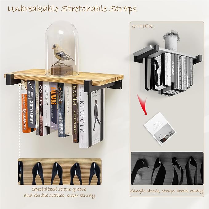 NANATI 2 Set of Floating Bookshelf, Pine Wood Invisible Bookshelf, Hanging - Image 4
