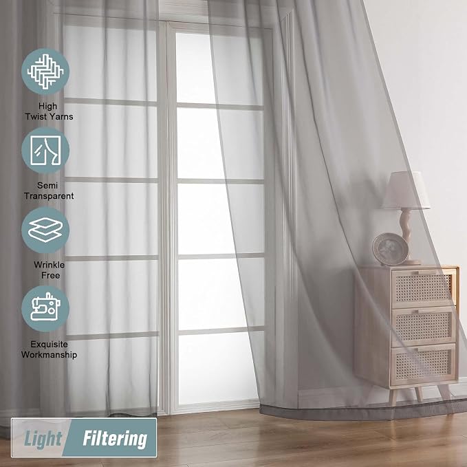 Grey Sheer Curtains for Windows 108 inches Long 2 Panels Set, Soft Airy - Image 5