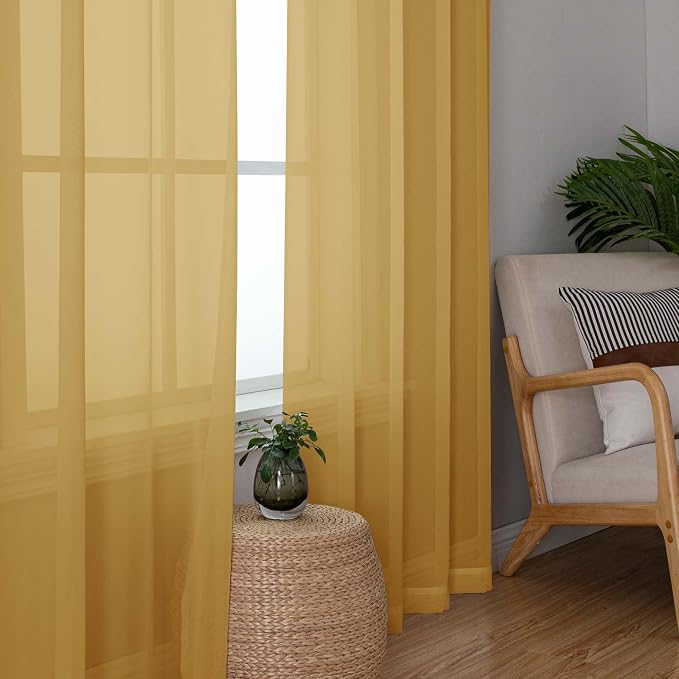 Chyhomenyc Gold Sheer Curtains 63 Inch Length 2 Panels, Rod Pocket Solid Window - Image 4