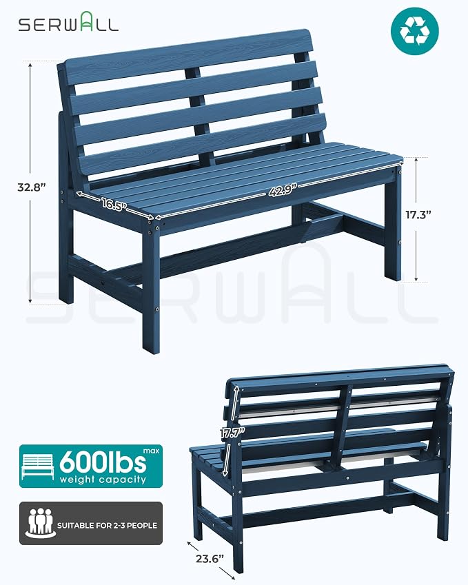SERWALL Outdoor Bench, All Weather HDPE Outdoor Benches, 2-Person Armless Porch - Image 3