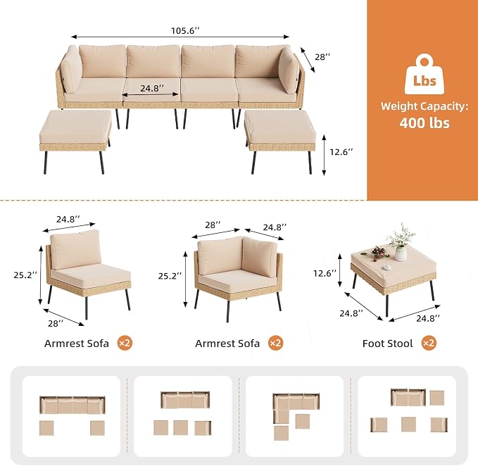 Aoxun 6-Piece Patio Furniture Set, Wicker Outdoor Furniture - Image 2
