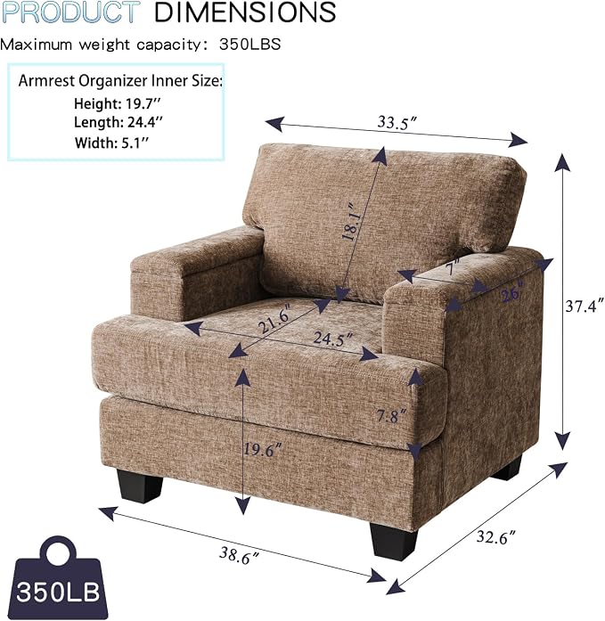 Oversized Living Room Chairs Set of 2, Comfy Accent Chair - Image 2