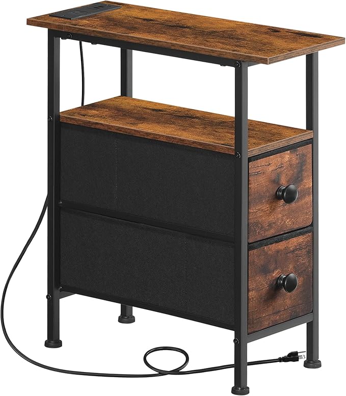 HOOBRO End Table with Charging Station, Narrow Side Table with 2 Fabric Drawers by HOOBRO