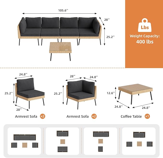 Aoxun 5-Piece Patio Furniture Set, Wicker Outdoor Furniture - Image 8