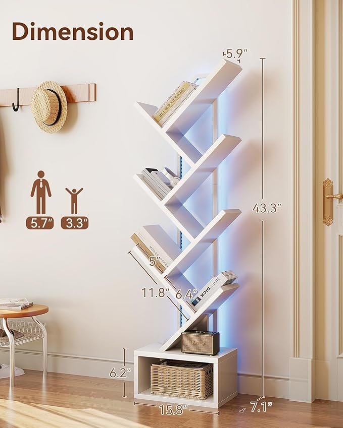 Casaottima Tree Bookshelf with LED Lights, 6-Tier Narrow Bookcase - Image 3
