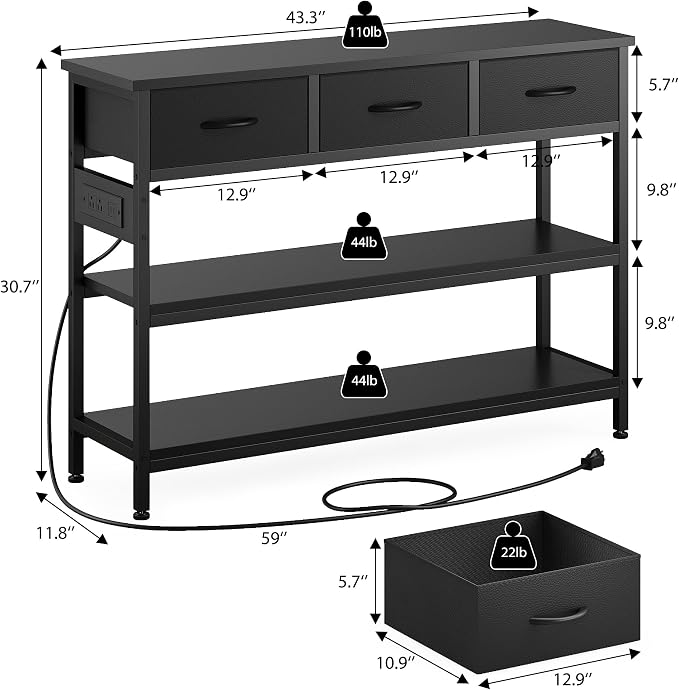 Lulive Entryway Table with Power Outlets, Console Table with 3 Fabric Drawers - Image 2