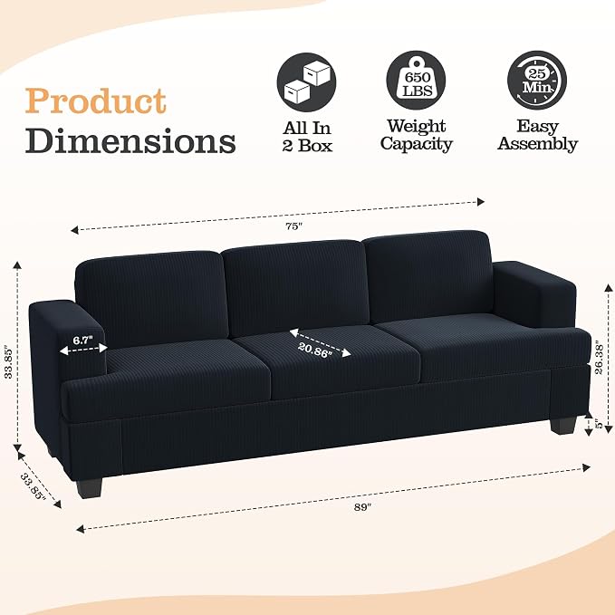 Apicizon Modern Loveseat Set of 2 & 3-Seater Sofa, Corduroy Couch 3 Piece Sofa - Image 2