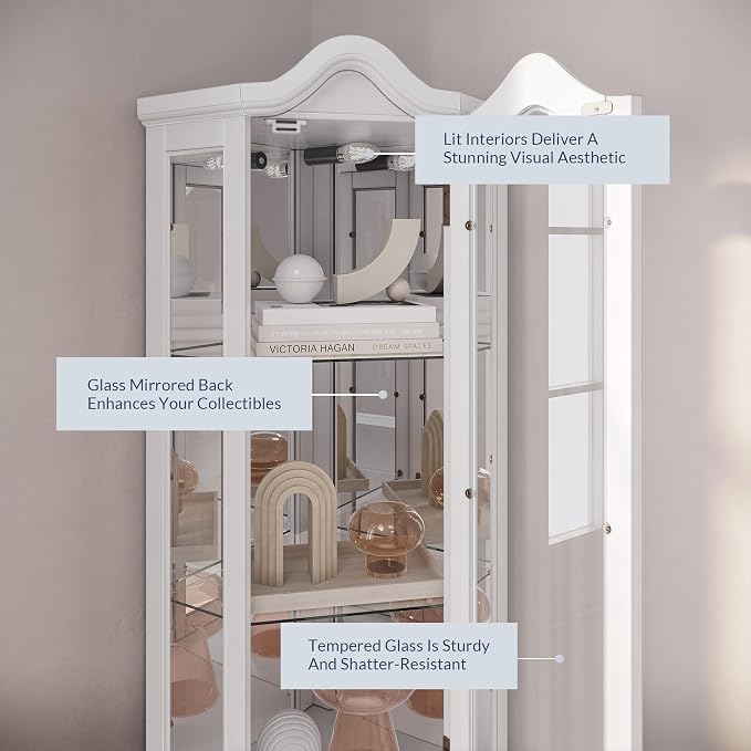 BELLEZE Lighted 3-Side Glass Display Curio Cabinet w/ Tempered Glass Doors and - Image 4