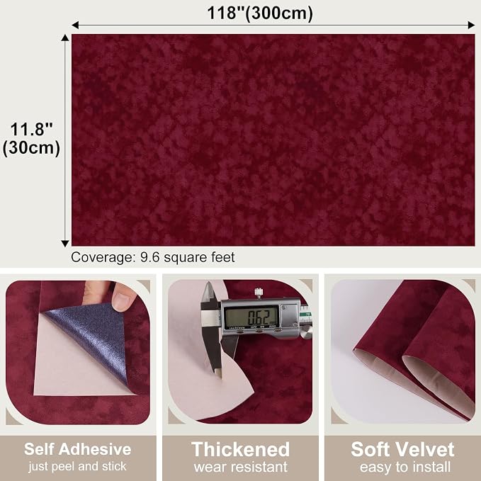 Dark Red Self Adhesive Velvet Flocking Liner, Soft Fabric Contact Paper - Image 7