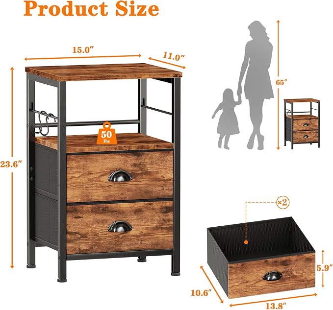 Furologee Nightstand with 2 Fabric Drawers, Night Stand with 2-Tier Shelf - Image 3