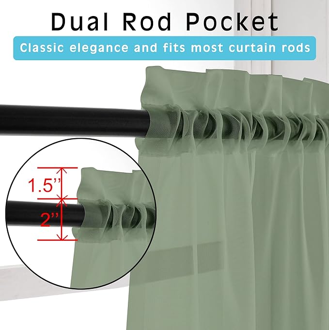 OVZME 2 Panels Sheer Sage Green Curtains 54 Inches Length Window Treatment - Image 4