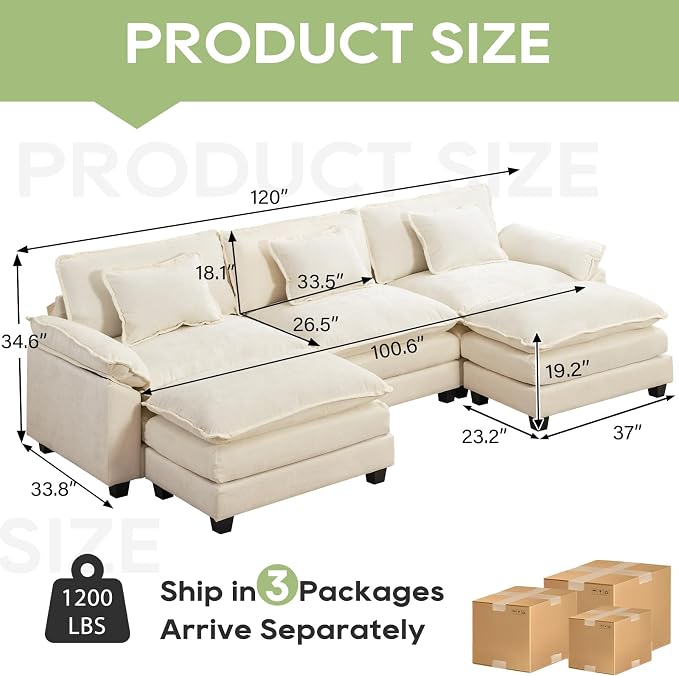Oprisen 120" Modular Sectional Sofa, Comfy Cloud Couch Sectional Sofa - Image 2