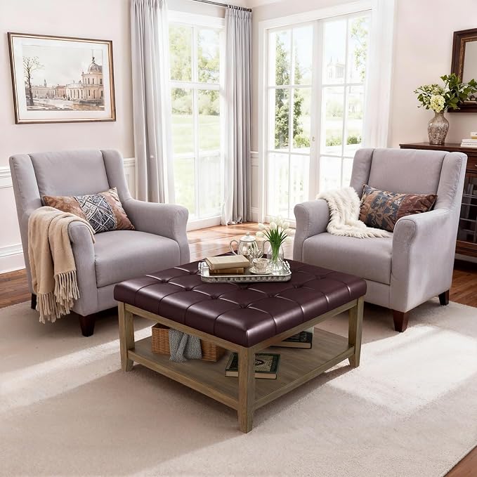ABHENG 31.5” Large Square Storage Ottoman, Upholstery Solid Rubberwood Coffee - Image 8